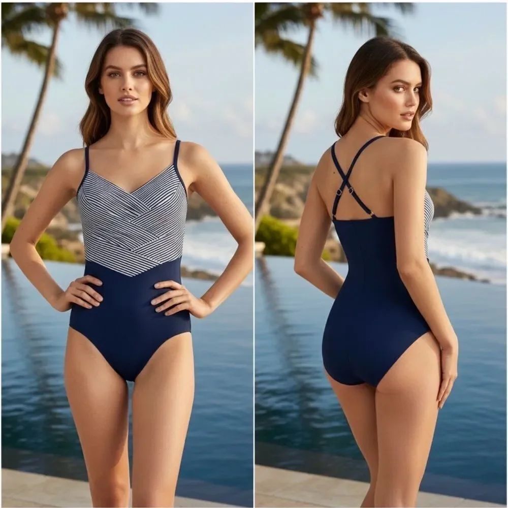Land's End Plus Size pleated striped slender suit deep sea navy mini stripes Var